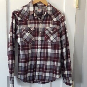 Levis Long Sleeve Plaid Pearl Snap Front Button Shirt Maroon White  Sz S